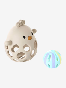 Hochet poussin en silicone écru avec balle intérieure